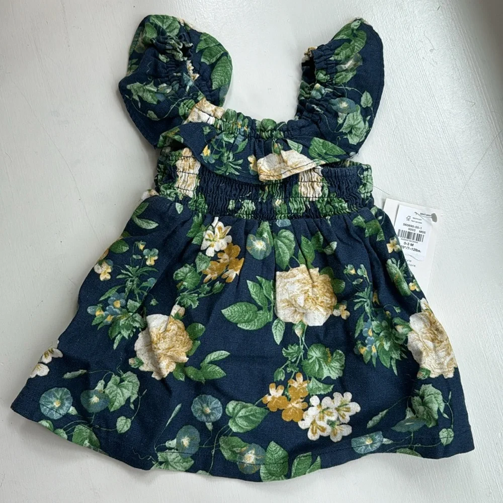 Old Navy Baby Navy Floral Linen Blend Ruffle Dress | NWT | 0–3M
